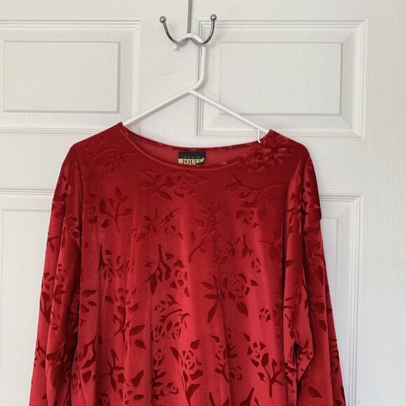 Jouly Women’s Size 1XL Red Floral Crushed Velvet Top Long Sleeve 90’s Vintage - Picture 2 of 10